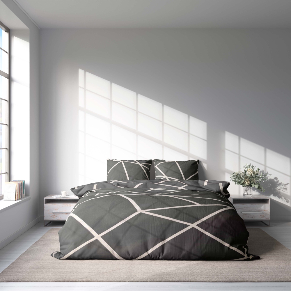 Bettwäsche set "Infiniel". Bettwäsche 140x200, 135/140x200 cm, 155/160x200 cm, 200x200 cm, 200x220 cm, 220x240 cm. Nahaufnahme einer dunkelgrauen bettwäsche mit sich kreuzenden weißen linien, die das dynamische und künstlerische muster zur geltung bringen