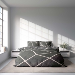 Bettwäsche set "Infiniel". Bettwäsche 140x200, 135/140x200 cm, 155/160x200 cm, 200x200 cm, 200x220 cm, 220x240 cm. Nahaufnahme einer dunkelgrauen bettwäsche mit sich kreuzenden weißen linien, die das dynamische und künstlerische muster zur geltung bringen