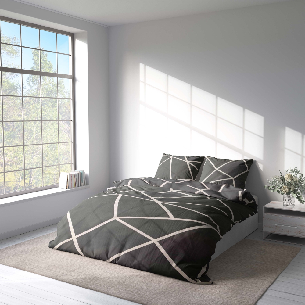 Bettwäsche set "Infiniel". Bettwäsche 140x200, 135/140x200 cm, 155/160x200 cm, 200x200 cm, 200x220 cm, 220x240 cm. Elegantes dunkelgraues bettwäscheset auf einem bett mit stilvollen weißen linien, die dem design tiefe und dimension verleihen.