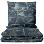 Bettwäsche set „Isolde“. Bettwäsche 155x200, 135/140x200 cm, 150x200 cm, 155/160x200 cm, 180x200 cm, 200x200 cm, 200x220 cm, 220x240 cm. Dunkelblaues bettwäsche set mit goldenen geometrischen linien