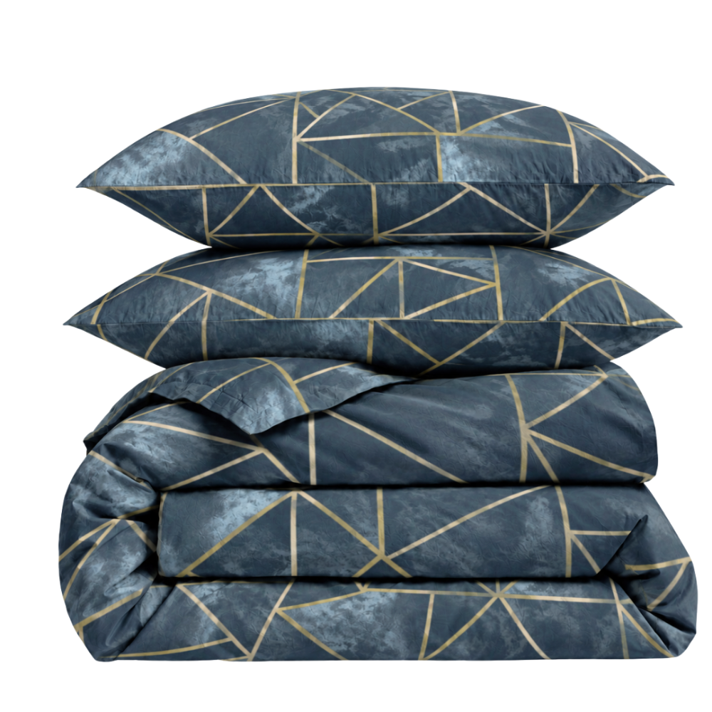 Bettwäsche set „Isolde“. Bettwäsche 155x200, 135/140x200 cm, 150x200 cm, 155/160x200 cm, 180x200 cm, 200x200 cm, 200x220 cm, 220x240 cm. Dunkelblaues bettwäsche set mit goldenen geometrischen linien Bettwäsche set „Isolde“. Bettwäsche 155x200, 135/140x200 cm, 150x200 cm, 155/160x200 cm, 180x200 cm, 200x200 cm, 200x220 cm, 220x240 cm. Dunkelblaues bettwäsche set mit goldenen geometrischen linien