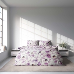Bettwäsche set "Jasmine". Bettwäsche 140x200, 135/140x200 cm, 155/160x200 cm, 200x200 cm, 200x220 cm, 220x240 cm. Elegante bettwäsche mit violetten und weißen jasminblüten verziert.