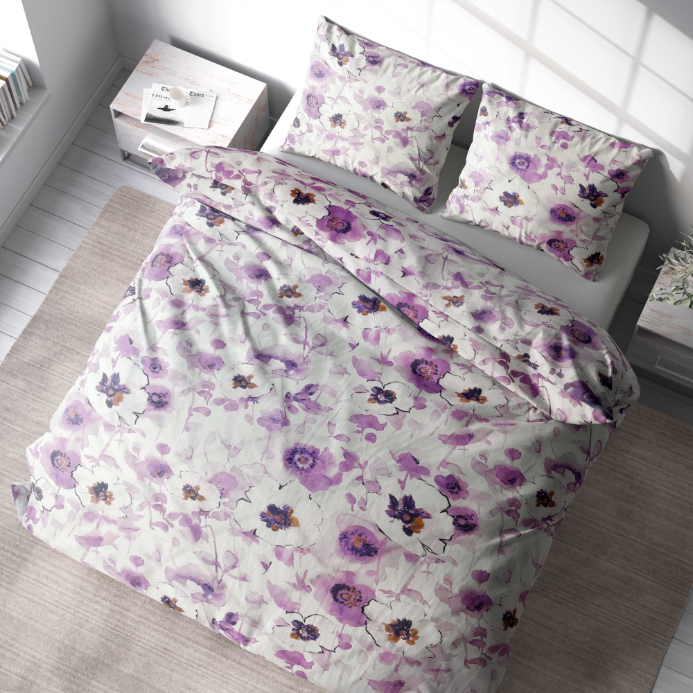Bettwäsche set "Jasmine". Bettwäsche 140x200, 135/140x200 cm, 155/160x200 cm, 200x200 cm, 200x220 cm, 220x240 cm. Ruhige bettwäsche mit lila und weißen jasminblüten auf weiß.