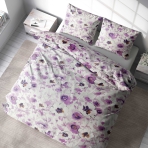 Bettwäsche set "Jasmine". Bettwäsche 140x200, 135/140x200 cm, 155/160x200 cm, 200x200 cm, 200x220 cm, 220x240 cm. Ruhige bettwäsche mit lila und weißen jasminblüten auf weiß.