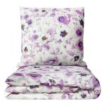 Bettwäsche set "Jasmine". Bettwäsche 140x200, 135/140x200 cm, 155/160x200 cm, 200x200 cm, 200x220 cm, 220x240 cm. Lila und weiße jasminblüten auf einem ruhigen weißlichen hintergrund