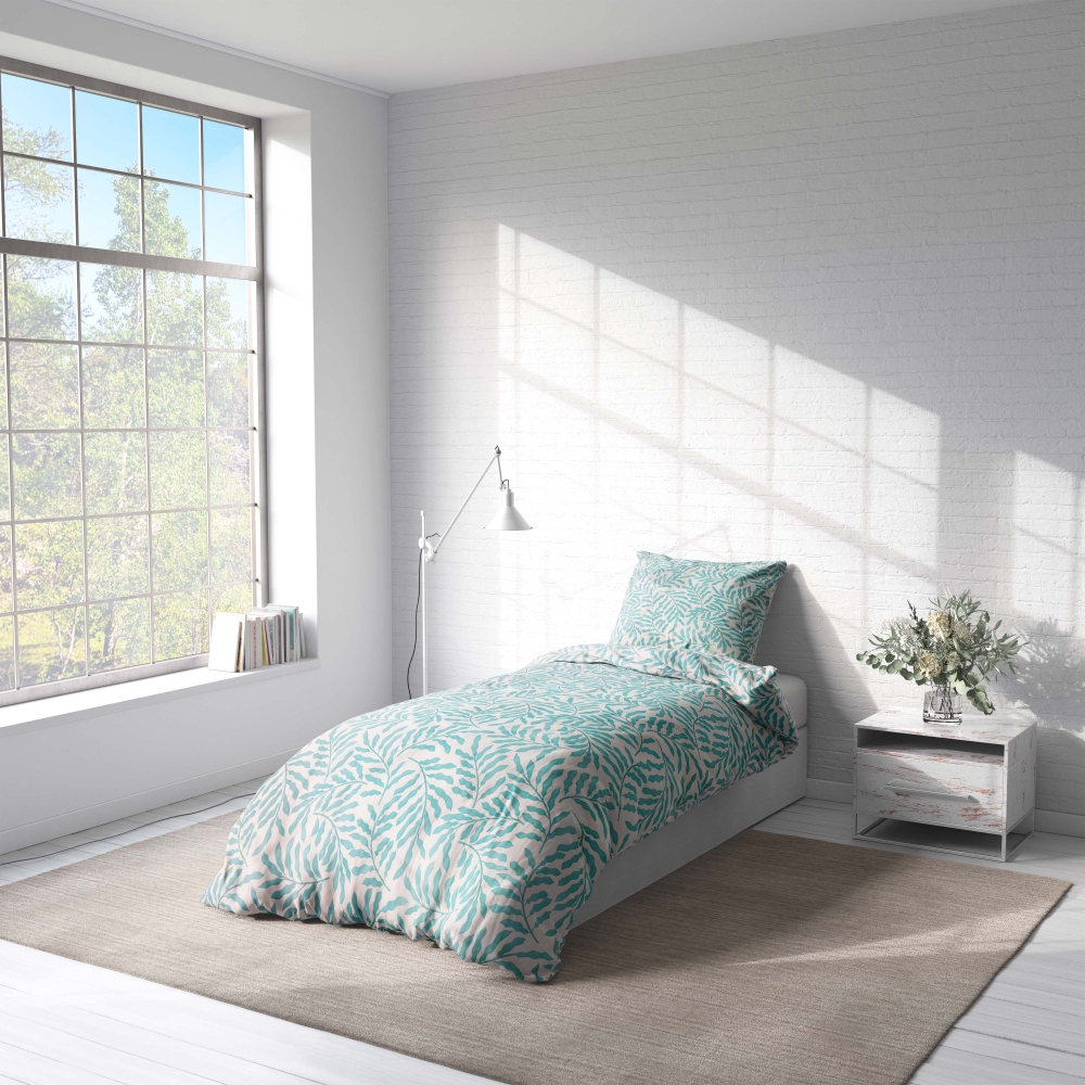 Bettwäsche set "Lagoon". Bettwäsche 140x200, 135/140x200 cm. Elegantes bettwäscheset mit hellgrauen dschungelblättern auf hellem hintergrund, das einen subtilen tropischen touch bietet.