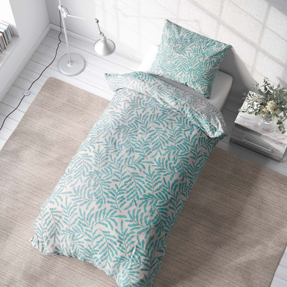 Bettwäsche set "Lagoon". Bettwäsche 140x200, 135/140x200 cm. Stilvolle leichte bettwäsche mit hellgrauen dschungelblättern, die ein sanftes und erfrischendes natürliches design verleihen.