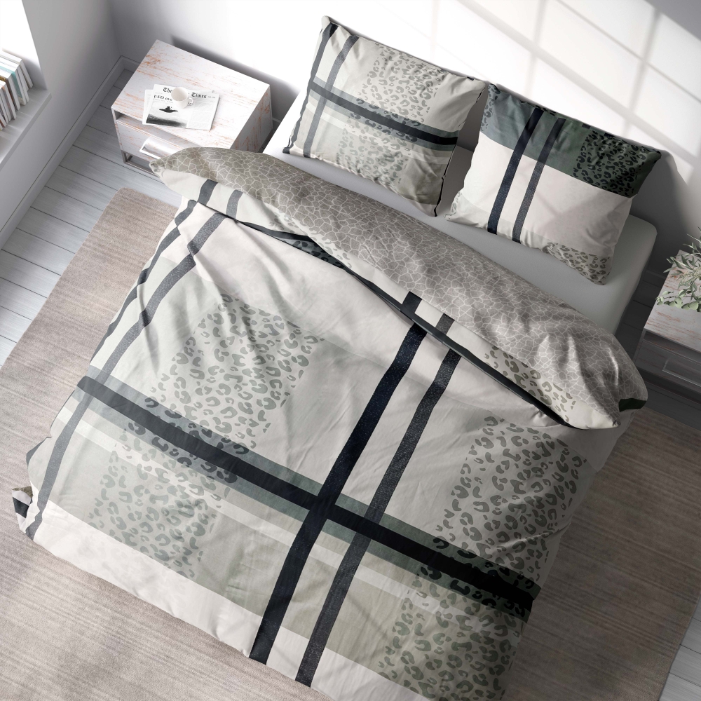 Bettwäsche set "Lane Luxe". Bettwäsche 140x200, 135/140x200 cm. Modernes bettwäschedesign mit sich überschneidenden gittermustern und einem hauch von leopardenflair