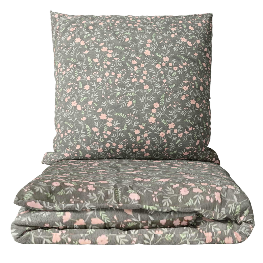 Bettwäsche set „Levada“. Bettwäsche 140x200, 135/140x200 cm, 200x200 cm, 200x220 cm. Abettwäsche in sanftem grau mit zarten rosa akzenten und grünen blättern, die ihrem schlafzimmer eine frische und lebendige note verleihen.