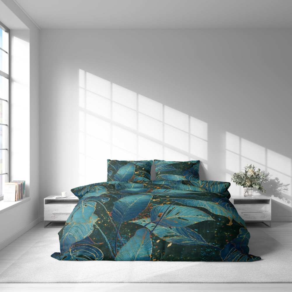 Bettwäsche set „Luminare“. Bettwäsche 155x200, 135/140x200 cm, 150x200 cm, 155/160x200 cm, 180x200 cm, 200x200 cm, 200x220 cm, 220x240 cm. Grünblaues bettwäsche-set mit goldenen akzenten.