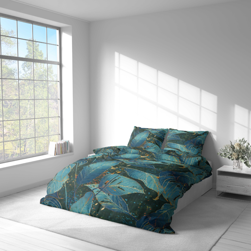 Bettwäsche set „Luminare“. Bettwäsche 155x200, 135/140x200 cm, 150x200 cm, 155/160x200 cm, 180x200 cm, 200x200 cm, 200x220 cm, 220x240 cm. Smaragdgrüne bettwäsche mit großen blaugrünen blättern.
