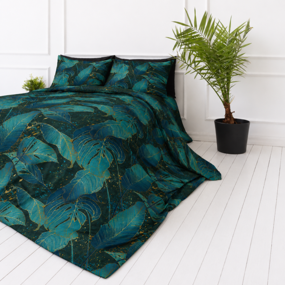 Bettwäsche set „Luminare“. Bettwäsche 155x200, 135/140x200 cm, 150x200 cm, 155/160x200 cm, 180x200 cm, 200x200 cm, 200x220 cm, 220x240 cm. Smaragdgrüne bettwäsche mit großen blaugrünen blättern. Bettwäsche set „Luminare“. Bettwäsche 155x200, 135/140x200 cm, 150x200 cm, 155/160x200 cm, 180x200 cm, 200x200 cm, 200x220 cm, 220x240 cm. Smaragdgrüne bettwäsche mit großen blaugrünen blättern.