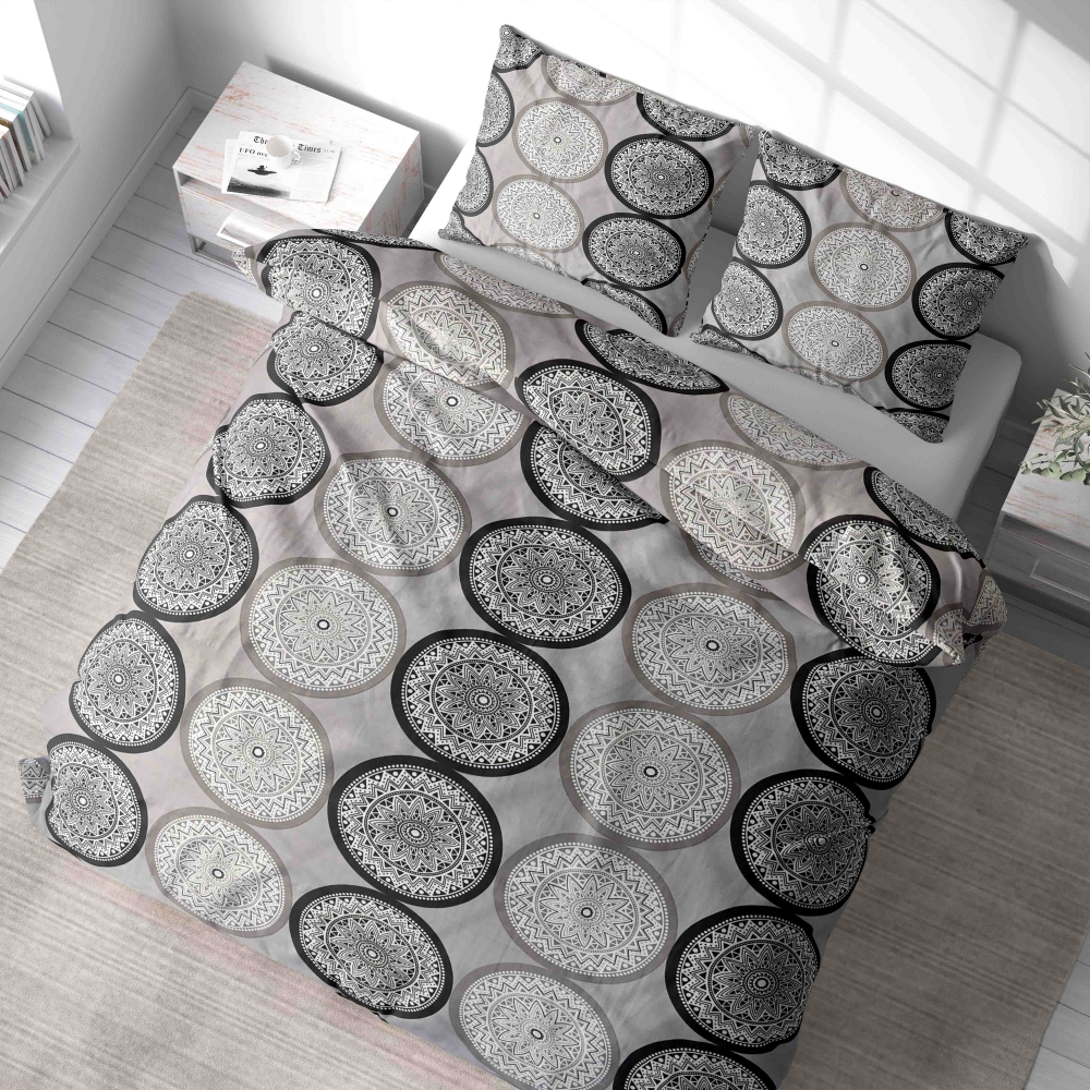 Bettwäsche set "Mandala". Bettwäsche 140x200, 135/140x200 cm, 200x200 cm, 200x220 cm. Stilvolles graues bettwäscheset mit schönen grauen, weißen und schwarzen mandala-mustern, die ein gefühl von ruhe und raffinesse in ihren raum bringen.