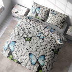 Bettwäsche set "Mass". Bettwäsche 140x200, 135/140x200 cm, 150x200 cm, 155/160x200 cm, 180x200 cm, 200x200 cm, 200x220 cm. Ruhiges bettwäscheset mit weißen steinen und flatternden schmetterlingen.