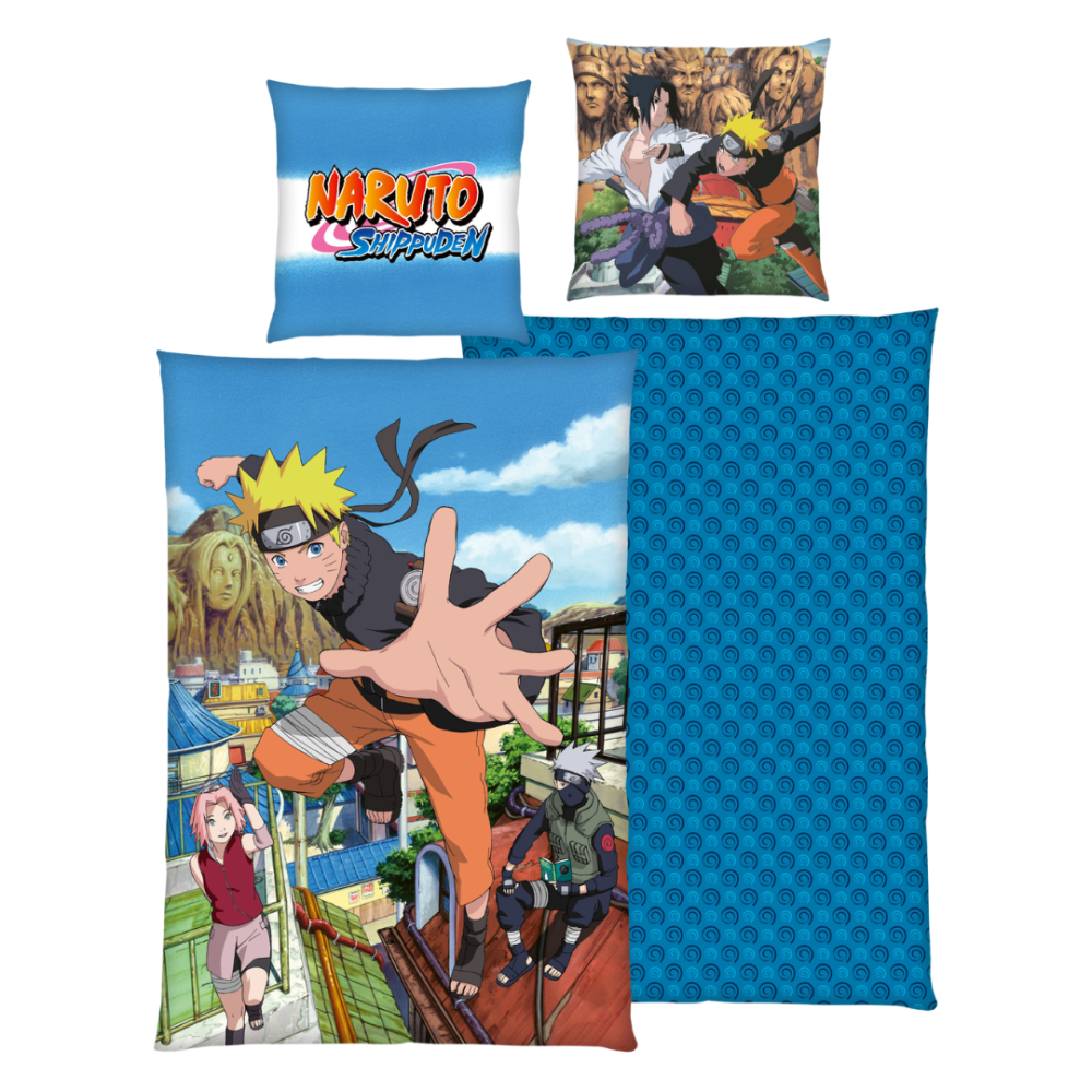 Bettwäsche set "Naruto“. Kinderbettwäsche, 135x200 cm. Blaue bettwäsche mit naruto-figuren und einer farbenfrohen dorfansicht. Bettwäsche set "Naruto“. Kinderbettwäsche, 135x200 cm. Blaue bettwäsche mit naruto-figuren und einer farbenfrohen dorfansicht.