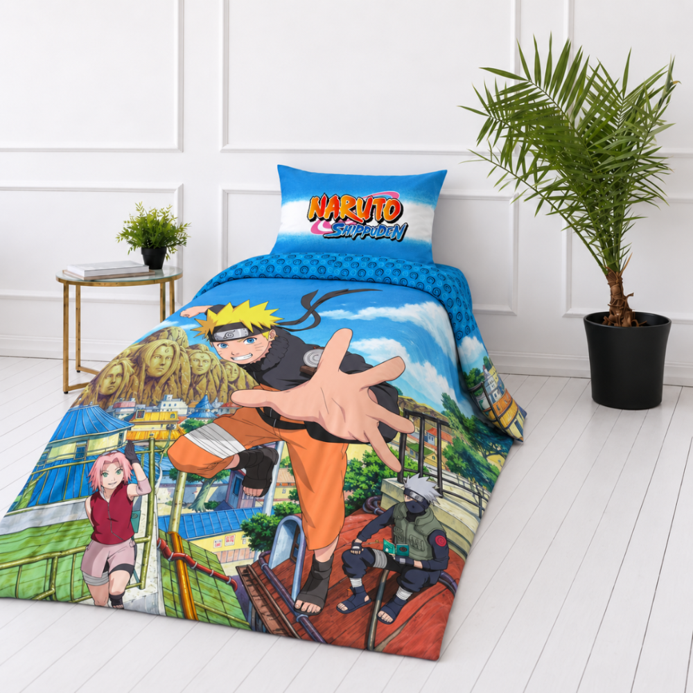 Bettwäsche set "Naruto“. Kinderbettwäsche, 135x200 cm. Blauer kissenbezug mit einem weißen streifen und einem farbenfrohen naruto-shippuden-schriftzug. Bettwäsche set "Naruto“. Kinderbettwäsche, 135x200 cm. Blauer kissenbezug mit einem weißen streifen und einem farbenfrohen naruto-shippuden-schriftzug.