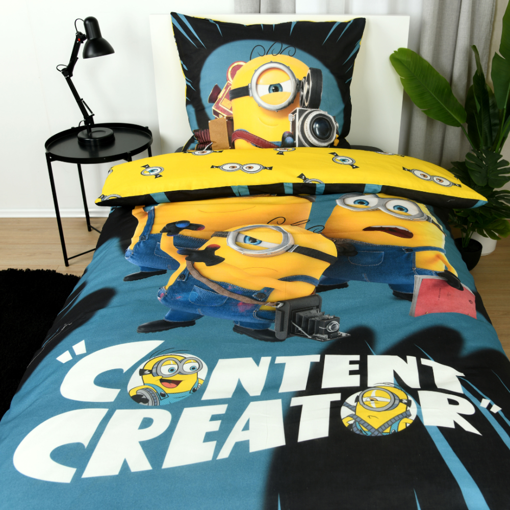 Bettwäsche set "Minions". Kinderbettwäsche, 135x200 cm. Schwarz-blaues minions-design mit gelben minion-figuren