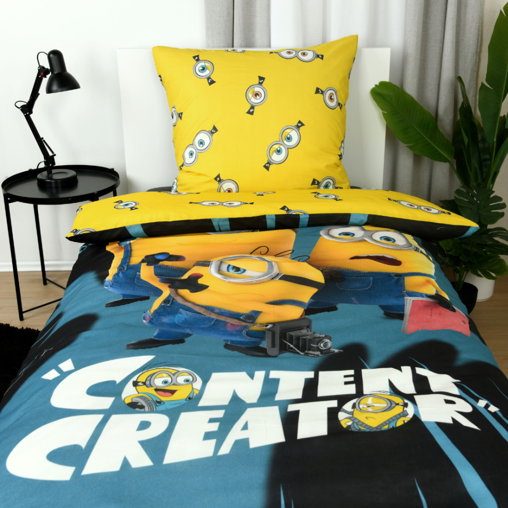 Bettwäsche set "Minions". Kinderbettwäsche, 135x200 cm. Gelbes bettwäsche-muster mit wiederkehrenden minion-augenmotiven