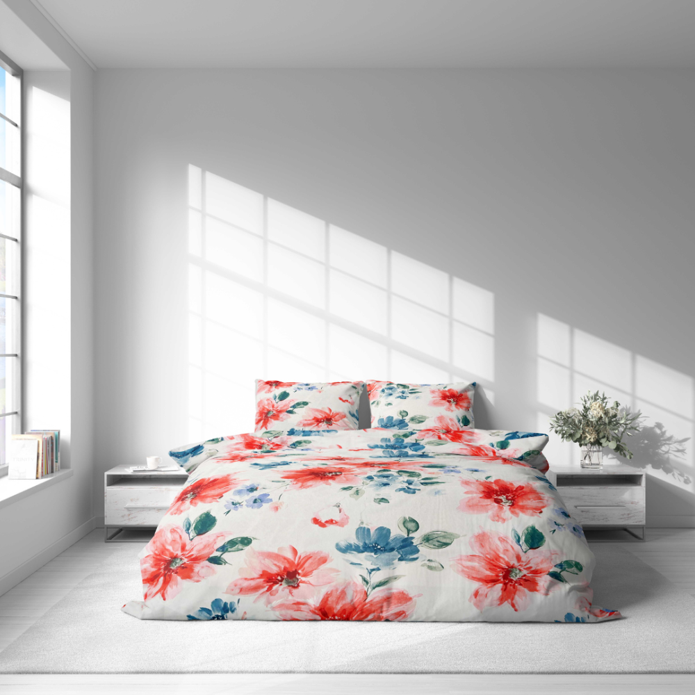 Bettwäsche set "Miraflores". Bettwäsche 140x200, 135/140x200 cm, 155/160x200 cm, 200x200 cm, 200x220 cm, 220x240 cm. Stoffmuster im aquarellstil, das frei angeordnete bunte blumen und blätter zeigt.