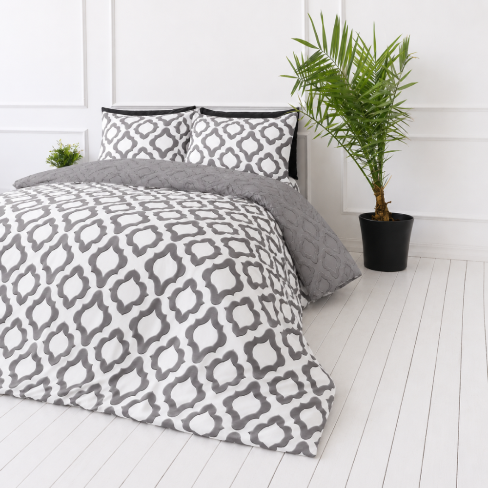 Bettwäsche set „Moroccan Veil“. Gemusterte Bettwäsche, 135/140x200 cm, 200x200 cm, 200x220 cm. Bettwäsche-set mit weißem grund und grauen dekorativen motiven Bettwäsche set „Moroccan Veil“. Gemusterte Bettwäsche, 135/140x200 cm, 200x200 cm, 200x220 cm. Bettwäsche-set mit weißem grund und grauen dekorativen motiven