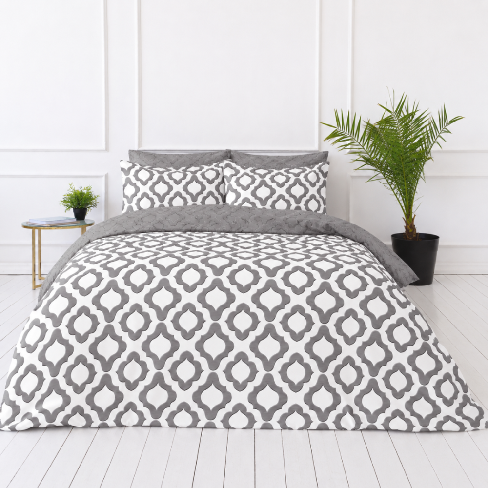Bettwäsche set „Moroccan Veil“. Gemusterte Bettwäsche, 135/140x200 cm, 200x200 cm, 200x220 cm. Wendbare grau-weiße bettwäsche mit modernem ornamentdesign Bettwäsche set „Moroccan Veil“. Gemusterte Bettwäsche, 135/140x200 cm, 200x200 cm, 200x220 cm. Wendbare grau-weiße bettwäsche mit modernem ornamentdesign