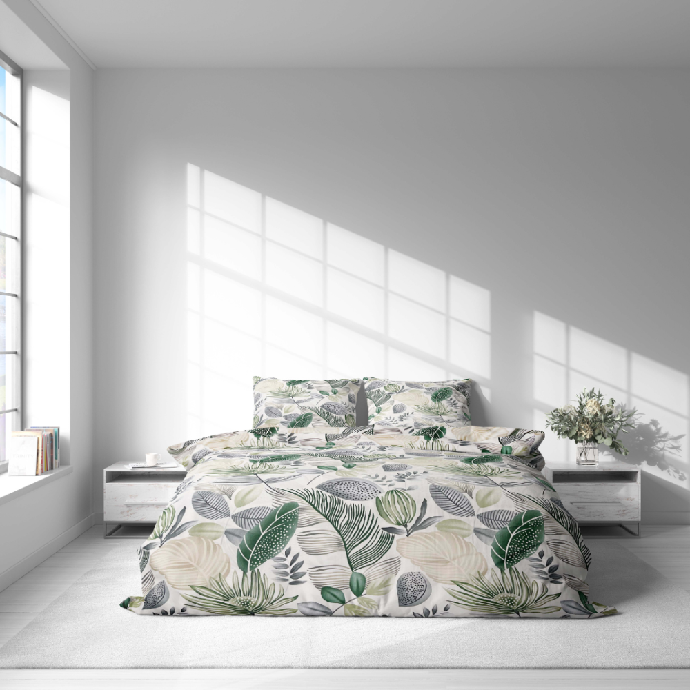 Bettwäsche set "Natural Emporium". Bettwäsche 140x200, 135/140x200 cm, 200x200 cm, 200x220 cm. Bettwäsche-set mit sanften pflanzenmustern in hellen grünen und braunen farbtönen.