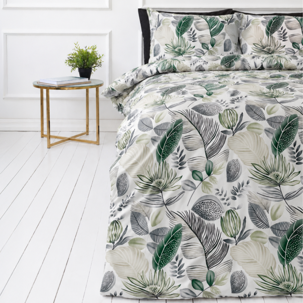 Bettwäsche set "Natural Emporium". Grüne Bettwäsche, 135/140x200 cm, 200x200 cm, 200x220 cm. Bettwäsche-set mit natürlichen pflanzenmustern in grünen und braunen farben, das einen ruhigen und natürlichen eindruck hinterlässt.