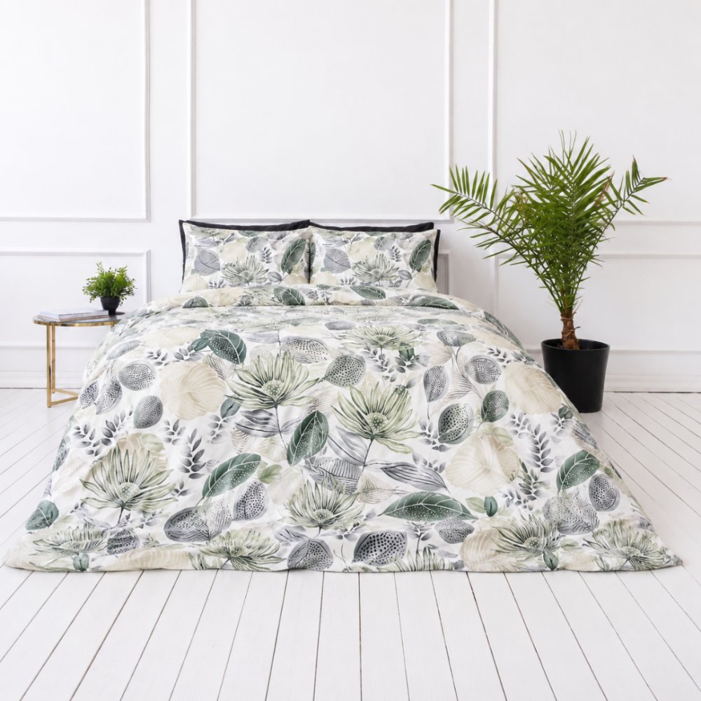 Bettwäsche set "Natural Emporium". Grüne Bettwäsche, 135/140x200 cm, 200x200 cm, 200x220 cm. Ruhiges bettwäsche-set mit pflanzenmotiven, ideal für naturliebhaber.