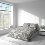 Bettwäsche set "Palm Drift". Bettwäsche 140x200, 135/140x200 cm, 155/160x200 cm, 200x200 cm, 200x220 cm, 220x240 cm. Hell gefärbtes bettwäsche-set mit üppigen palmenblättern, das einen hauch von natur und ruhe in ihre schlafzimmerdekoration bringt.