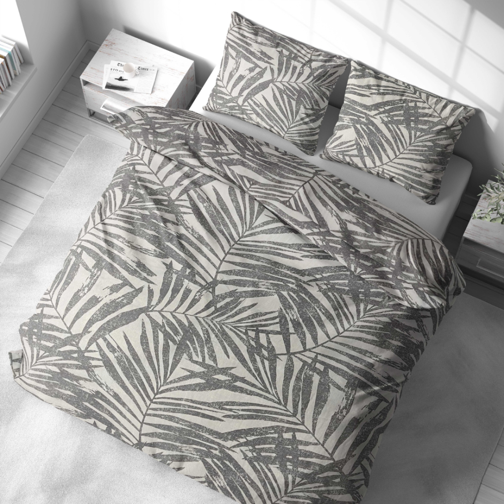 Bettwäsche set "Palm Drift". Bettwäsche 140x200, 135/140x200 cm, 155/160x200 cm, 200x200 cm, 200x220 cm, 220x240 cm. Hell gefärbtes bettwäsche-set mit verspielten palmenblatt-designs, das ihrer schlafumgebung ein luftiges, urlaubsähnliches gefühl verleiht.