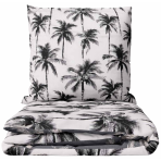 Bettwäsche set "Palmora". Bettwäsche 155x200, 135/140x200 cm, 150x200 cm, 155/160x200 cm, 180x200 cm, 200x200 cm, 200x220 cm. Hellgraues bettwäsche-set mit schwarzem palmenmuster.