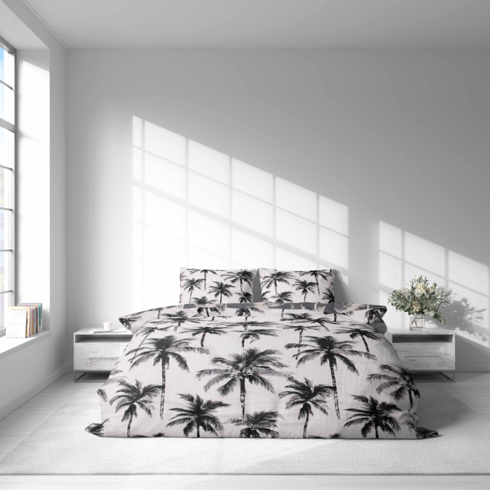 Bettwäsche set "Palmora". Bettwäsche 155x200, 135/140x200 cm, 150x200 cm, 155/160x200 cm, 180x200 cm, 200x200 cm, 200x220 cm. Hellgraues bettwäsche-set mit kontrastreichen palmen.