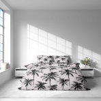 Bettwäsche set "Palmora". Bettwäsche 155x200, 135/140x200 cm, 150x200 cm, 155/160x200 cm, 180x200 cm, 200x200 cm, 200x220 cm. Hellgraues bettwäsche-set mit kontrastreichen palmen.