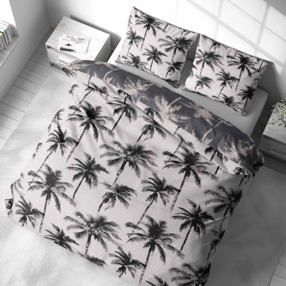 Bettwäsche set "Palmora". Bettwäsche 155x200, 135/140x200 cm, 150x200 cm, 155/160x200 cm, 180x200 cm, 200x200 cm, 200x220 cm. Modernes hellgraues bettwäschedesign mit schwarzen palmensilhouetten.