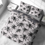 Bettwäsche set "Palmora". Bettwäsche 155x200, 135/140x200 cm, 150x200 cm, 155/160x200 cm, 180x200 cm, 200x200 cm, 200x220 cm. Modernes hellgraues bettwäschedesign mit schwarzen palmensilhouetten.