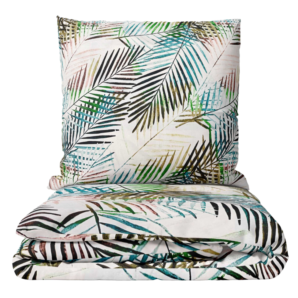Bettwäsche set "Pastel Serenade". Bettwäsche 140x200, 135/140x200 cm, 155/160x200 cm, 200x200 cm, 200x220 cm, 220x240 cm. Bettwäsche-set in strahlendem weiß, geschmückt mit zarten, dünnen, bunten blättern für einen frischen und fröhlichen akzent in ihrem schlafzimmer.