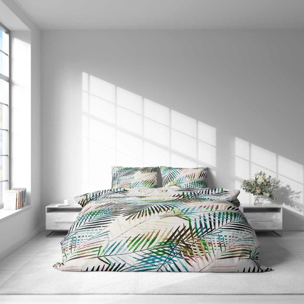 Bettwäsche set "Pastel Serenade". Bettwäsche 140x200, 135/140x200 cm, 155/160x200 cm, 200x200 cm, 200x220 cm, 220x240 cm. Helles weißes bettwäsche-set mit subtilen, dünnen bunten blättern, perfekt geeignet, um ihrem raum einen spielerischen und dennoch eleganten akzent zu verleihen.