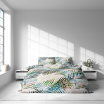 Bettwäsche set "Pastel Serenade". Bettwäsche 140x200, 135/140x200 cm, 155/160x200 cm, 200x200 cm, 200x220 cm, 220x240 cm. Helles weißes bettwäsche-set mit subtilen, dünnen bunten blättern, perfekt geeignet, um ihrem raum einen spielerischen und dennoch eleganten akzent zu verleihen.