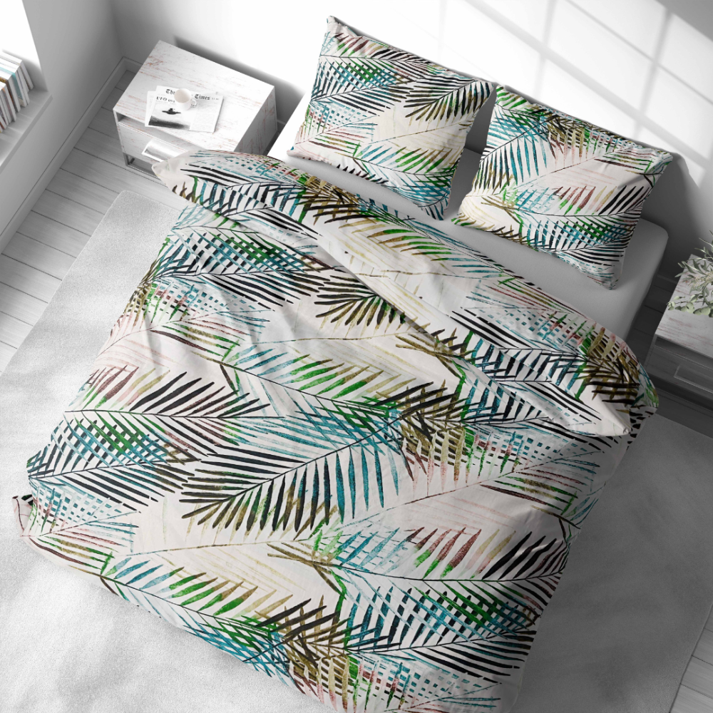 Bettwäsche set "Pastel Serenade". Bettwäsche 140x200, 135/140x200 cm, 155/160x200 cm, 200x200 cm, 200x220 cm, 220x240 cm. Knackiges weißes bettwäsche-set, verziert mit charmanten dünnen bunten blättern, das einen farbtupfer und einen hauch von natur ins innere bringt.