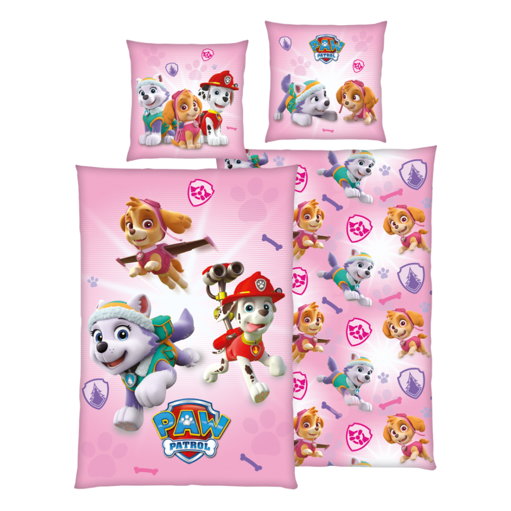 Bettwäsche set "Paw Patrol Pink“. Kinderbettwäsche, 135x200 cm. Rosa bettwäsche-set mit „paw patrol“-welpen und bunten abzeichen. Bettwäsche set "Paw Patrol Pink“. Kinderbettwäsche, 135x200 cm. Rosa bettwäsche-set mit „paw patrol“-welpen und bunten abzeichen.