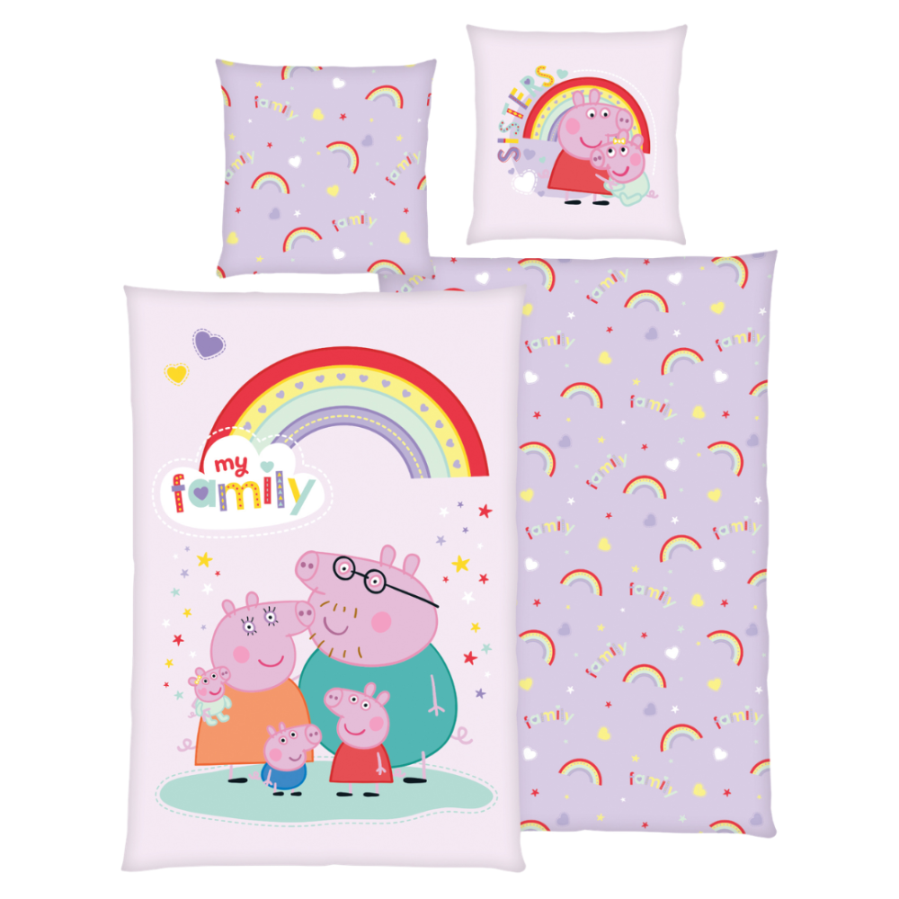 Bettwäsche set "Peppa Pig". Kinderbettwäsche, 135x200 cm. Hellviolettes bettwäsche-set mit der peppa pig-familie und einem regenbogen. Bettwäsche set "Peppa Pig". Kinderbettwäsche, 135x200 cm. Hellviolettes bettwäsche-set mit der peppa pig-familie und einem regenbogen.