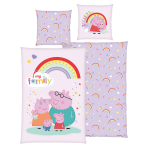 Bettwäsche set "Peppa Pig". Kinderbettwäsche, 135x200 cm. Hellviolettes bettwäsche-set mit der peppa pig-familie und einem regenbogen. Bettwäsche set "Peppa Pig". Kinderbettwäsche, 135x200 cm. Hellviolettes bettwäsche-set mit der peppa pig-familie und einem regenbogen.