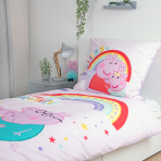 Bettwäsche set "Peppa Pig". Kinderbettwäsche, 135x200 cm. Violettes bettwäsche-set mit regenbögen, herzen und farbenfrohem „family“-muster. Bettwäsche set "Peppa Pig". Kinderbettwäsche, 135x200 cm. Violettes bettwäsche-set mit regenbögen, herzen und farbenfrohem „family“-muster.