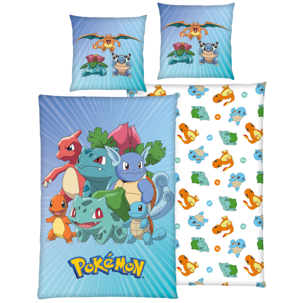 Bettwäsche set "Pokemon". Kinderbettwäsche, 135x200 cm. Hellblaues pokémon-bettwäsche-set mit farbenfrohen bulbasaur-, charmander- und squirtle-motiven. Bettwäsche set "Pokemon". Kinderbettwäsche, 135x200 cm. Hellblaues pokémon-bettwäsche-set mit farbenfrohen bulbasaur-, charmander- und squirtle-motiven.
