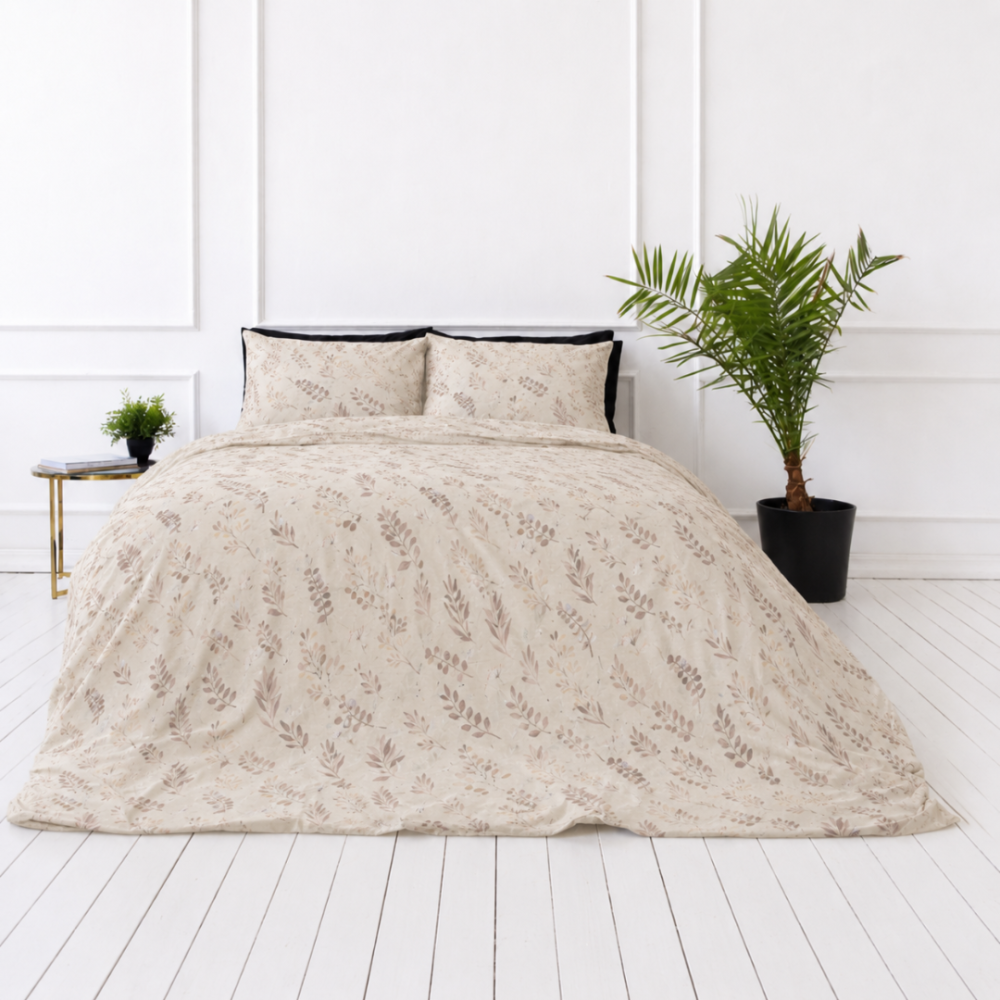 Bettwäsche set "Prairie Flora". Beige Bettwäsche, 135/140x200 cm, 150x200 cm, 155/160x200 cm, 180x200 cm, 200x200 cm, 200x220 cm, 220x240 cm. Bettwäsche-set in pastellfarben mit leichtem naturinspiriertem muster