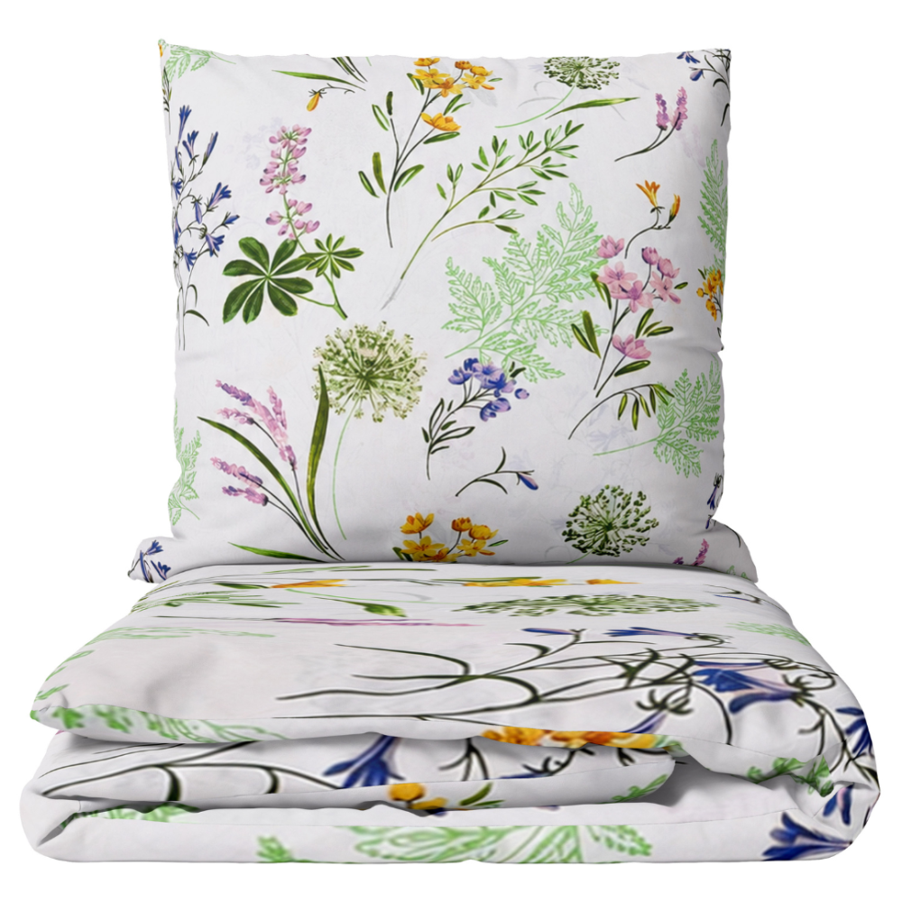 Bettwäsche set "Primavera". Bettwäsche 155x200, 135/140x200 cm, 150x200 cm, 155/160x200 cm, 180x200 cm, 200x200 cm, 200x220 cm, 220x240 cm. Weißes bettwäsche-set mit grünen blättern und farbenfrohen wiesenblumen Bettwäsche set "Primavera". Bettwäsche 155x200, 135/140x200 cm, 150x200 cm, 155/160x200 cm, 180x200 cm, 200x200 cm, 200x220 cm, 220x240 cm. Weißes bettwäsche-set mit grünen blättern und farbenfrohen wiesenblumen