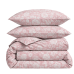 Bettwäsche set „Provance Coral“. Rosa Bettwäsche, 135/140x200 cm, 200x200 cm, 200x220 cm. Bettwäscheset in zartem rosa mit eleganten weißen rosenmotiven, die ihrem schlafzimmer einen romantischen touch verleihen.