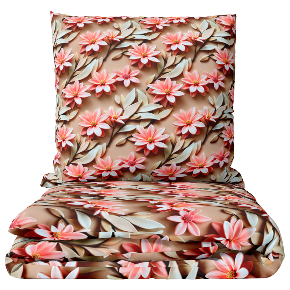 Bettwäsche set "Rosy Whisper". Bettwäsche 155x200, 135/140x200 cm, 150x200 cm, 155/160x200 cm, 180x200 cm, 200x200 cm, 200x220 cm, 220x240 cm. Sandfarbenes bettwäsche-set mit korallfarbenen blüten und hellen blättern. Bettwäsche set "Rosy Whisper". Bettwäsche 155x200, 135/140x200 cm, 150x200 cm, 155/160x200 cm, 180x200 cm, 200x200 cm, 200x220 cm, 220x240 cm. Sandfarbenes bettwäsche-set mit korallfarbenen blüten und hellen blättern.