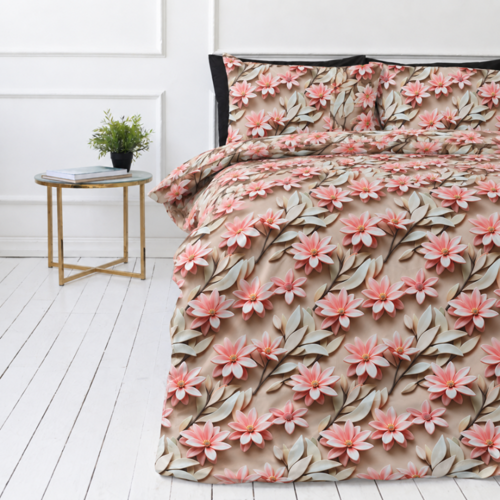 Bettwäsche set "Rosy Whisper". Bettwäsche 155x200, 135/140x200 cm, 150x200 cm, 155/160x200 cm, 180x200 cm, 200x200 cm, 200x220 cm, 220x240 cm. Bettwäsche-set mit rosafarbenen korallenblüten auf warmem sandfarbenem hintergrund. Bettwäsche set "Rosy Whisper". Bettwäsche 155x200, 135/140x200 cm, 150x200 cm, 155/160x200 cm, 180x200 cm, 200x200 cm, 200x220 cm, 220x240 cm. Bettwäsche-set mit rosafarbenen korallenblüten auf warmem sandfarbenem hintergrund.