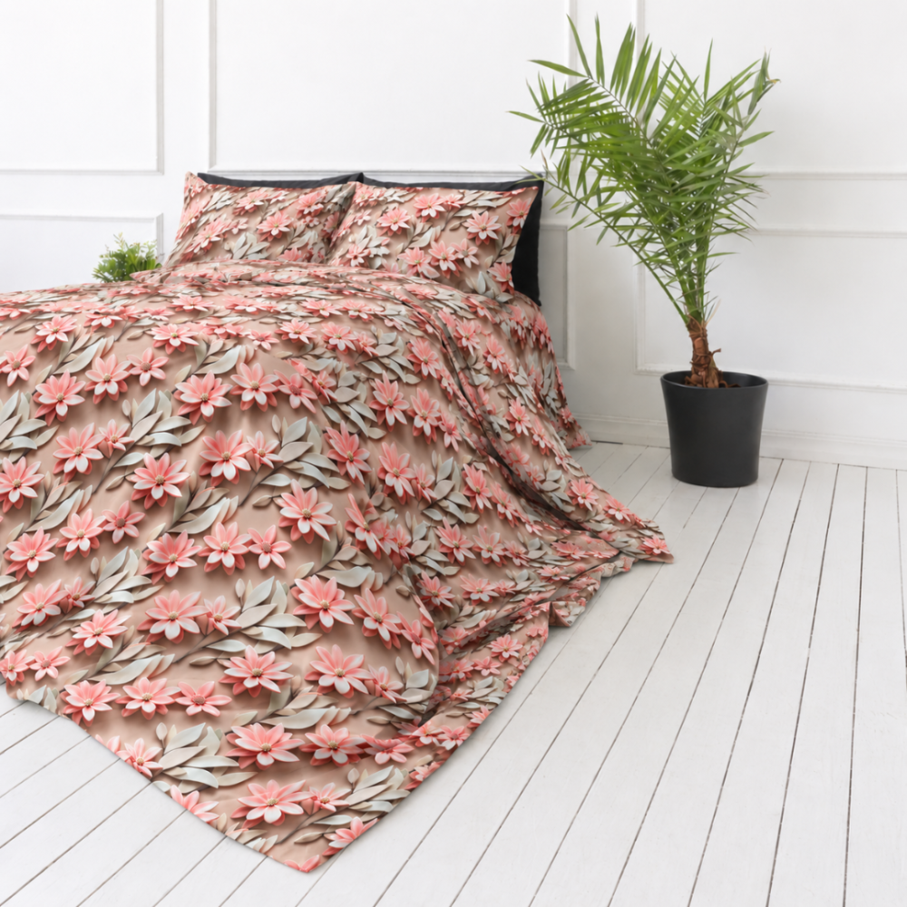 Bettwäsche set "Rosy Whisper". Bettwäsche 155x200, 135/140x200 cm, 150x200 cm, 155/160x200 cm, 180x200 cm, 200x200 cm, 200x220 cm, 220x240 cm. Geblümtes bettwäsche-set mit korallfarbenen blüten und cremefarbenen blättern. Bettwäsche set "Rosy Whisper". Bettwäsche 155x200, 135/140x200 cm, 150x200 cm, 155/160x200 cm, 180x200 cm, 200x200 cm, 200x220 cm, 220x240 cm. Geblümtes bettwäsche-set mit korallfarbenen blüten und cremefarbenen blättern.